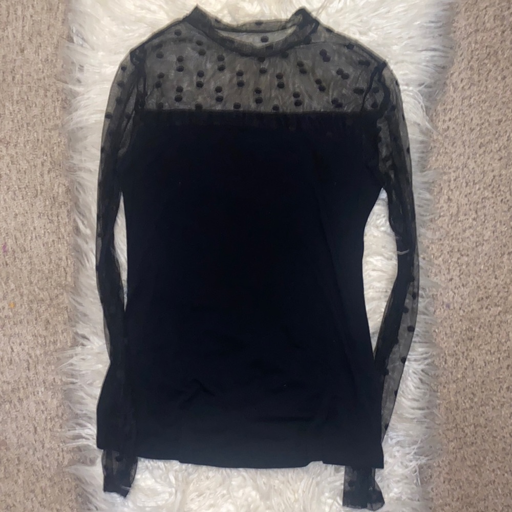 Black top with sheer sleeves polka dots